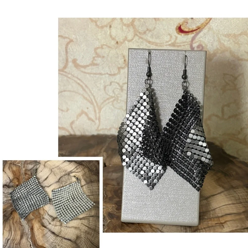 Beaded Silver Mesh Swing Dangle Earrings